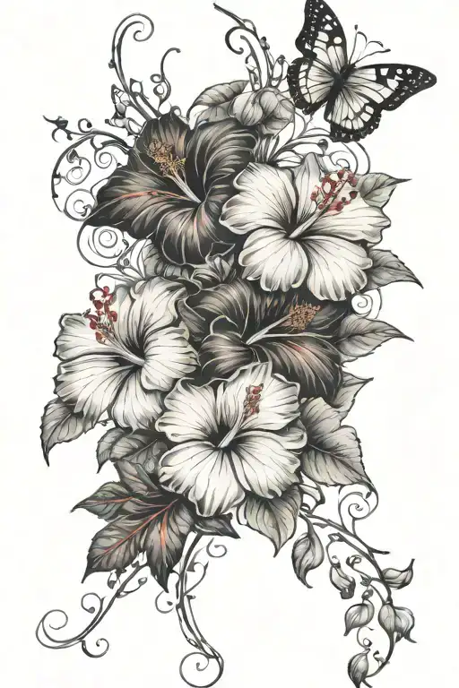 full forearm sleeve with hibiscus flowers, roses, vines, and a butterfly in black and red tattoo design idea