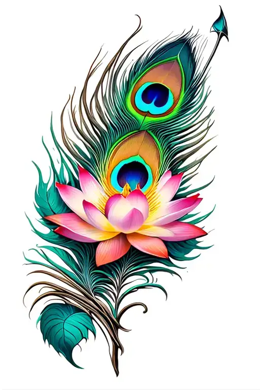 peacock feather, trident and lotus flower blooming tattoo design idea