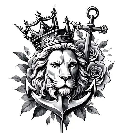 Leon with crown, a lop rose winds and an anchor in watercolors style tattoo design idea