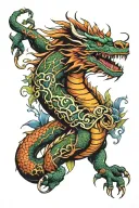 colored dragon with bonzai trees arm sleeve tattoo design idea