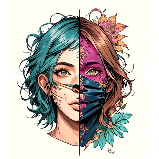 face with mask half on half off for part of patch work tattoo. resembles never being my truth self tattoo design idea
