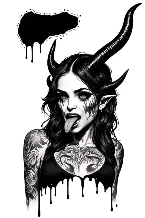 Men's tattoo girl Devils with horns pulling her tongue, empty eyes with leaks from them with a filled background tattoo design idea