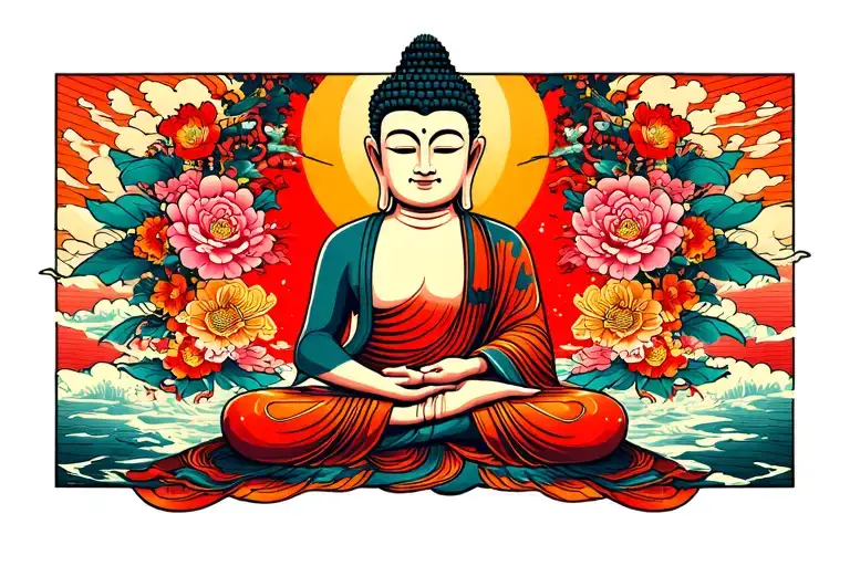 Buddha with Japanese background tattoo design idea