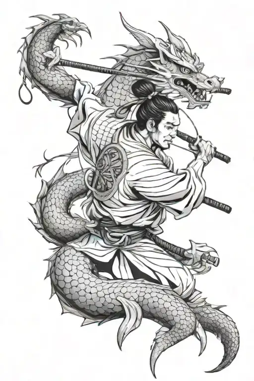 samurai and dragon and sun japan tattoo design idea