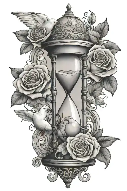 hourglass with roses wrapped around it and dove two doves flying above it tattoo design idea