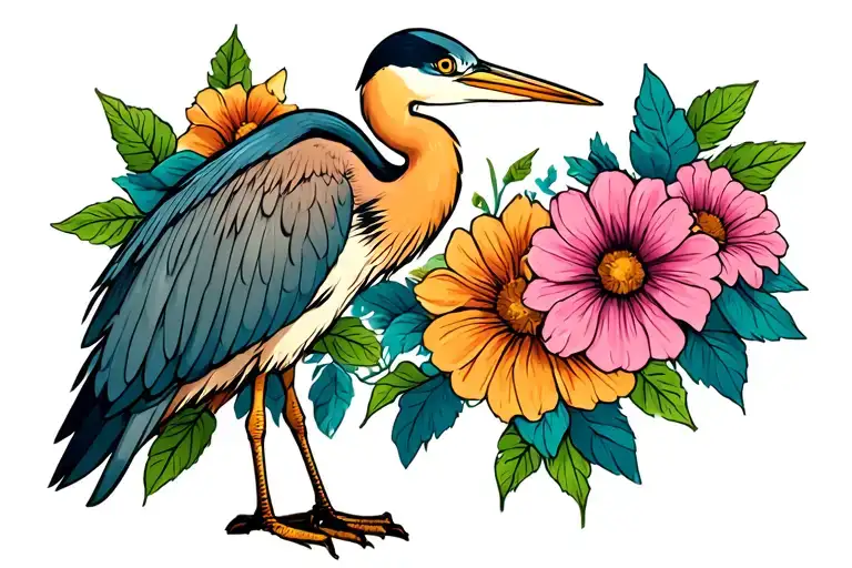 blue heron with flowers intertwined tattoo design idea