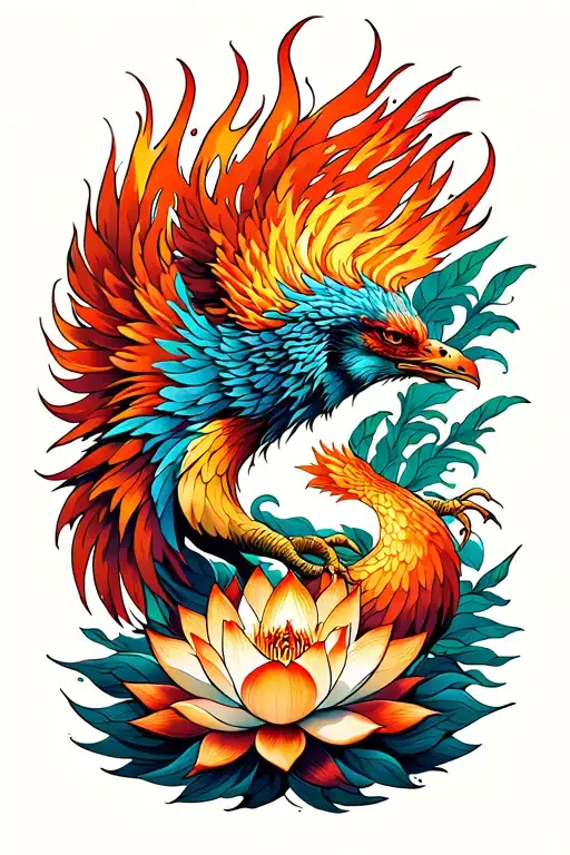 fiery Phoenix rising with lotus flowers tattoo design idea
