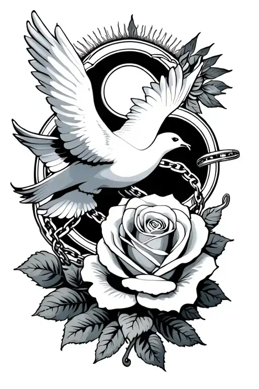 dove with chain with letter c rose with a wedding ring sleek sun clouds tattoo design idea