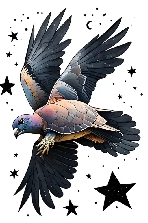 European turtle dove flying outline with stars and a moon plus watercolor added  tattoo design idea