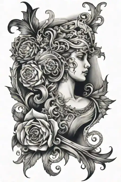 a futurist black and white tattoo with renaissance era style tattoo design idea
