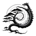Spiral world tree design with a Japanese dragon wrapping around the trunk of the tree, include Japanese style clouds  tattoo design idea