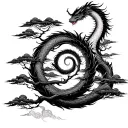 Spiral world tree design with a Japanese dragon wrapping around the trunk of the tree, include Japanese style clouds  tattoo design idea