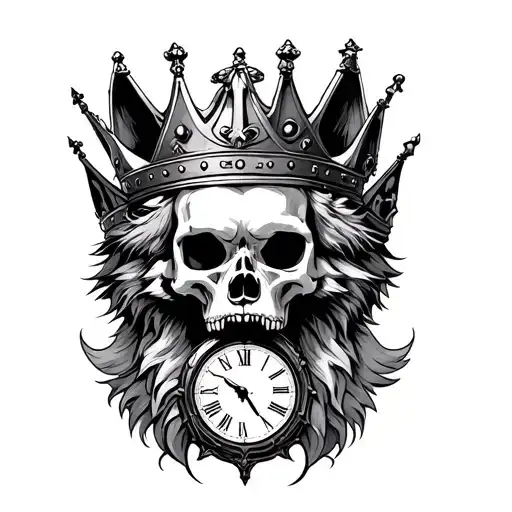 The skeleton head at the top of the crown and the wolf at the bottom of it is howling and the clock below tattoo design idea