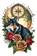 wolf compass intertwined with roses trees moon  tattoo design idea