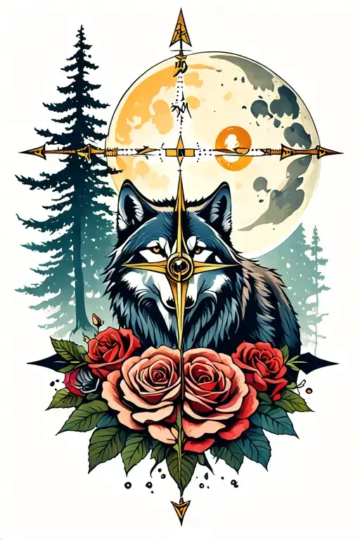 wolf compass intertwined with roses trees moon  tattoo design idea