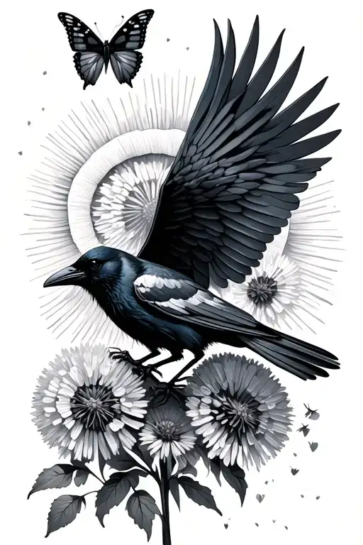Crow chasing butterfly, dandelions in sun tattoo design idea