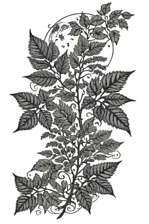 fern, ivy, trees, moon tattoo design idea