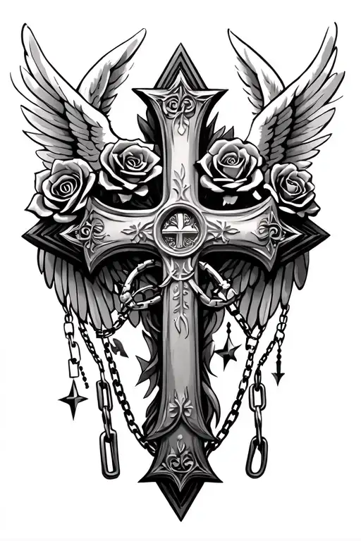 a gothic cross with angels wings with 2 roses and chains and starts tattoo design idea