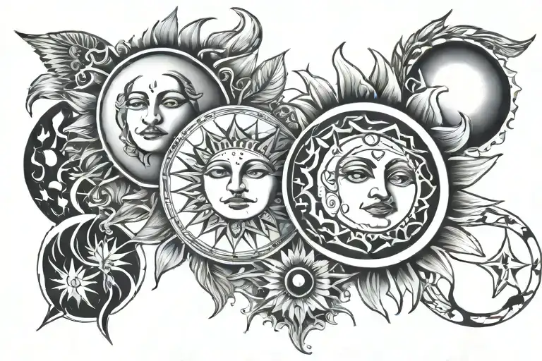 Sun And Moon phases tattoo design idea