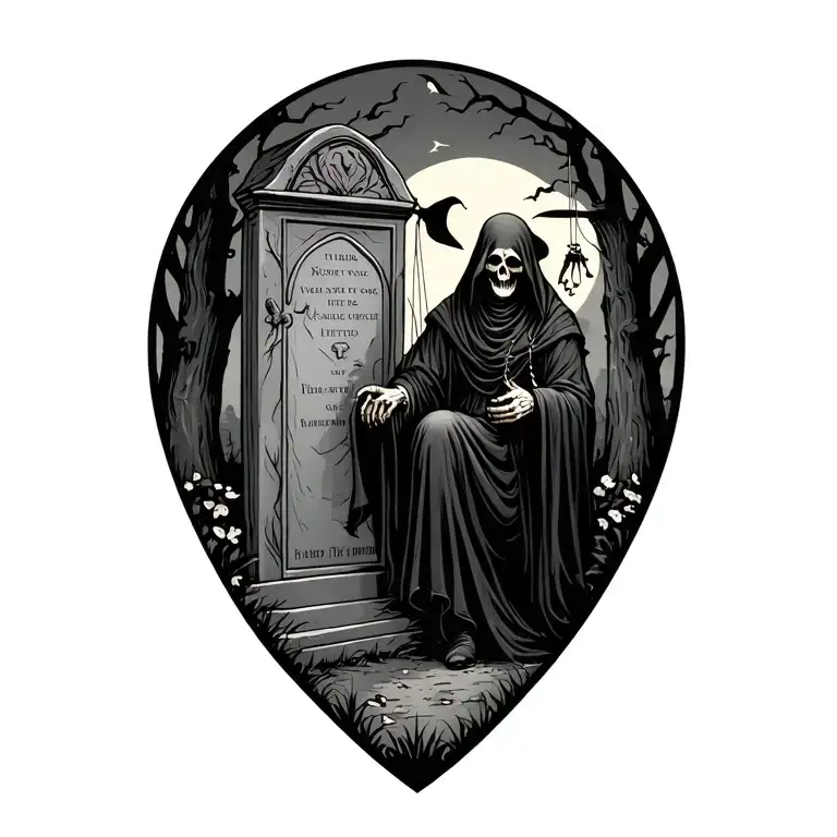 cemetery scene featuring a tombstone with a grim reaper leaning over it with a marionette in his hand with the strings tattoo design idea