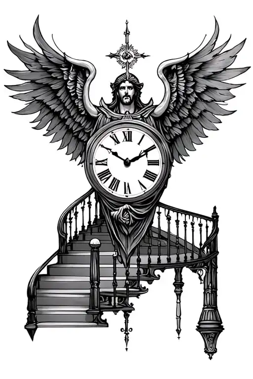 god clock and staircase tattoo design idea