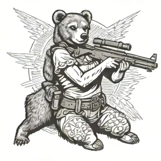 Slavic girl with a machine gun in her hands on a bear tattoo design idea