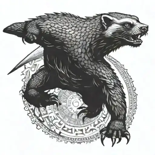 A honey badger in a fighter's pose, with intricate details and shading to bring out its fierce nature tattoo design idea