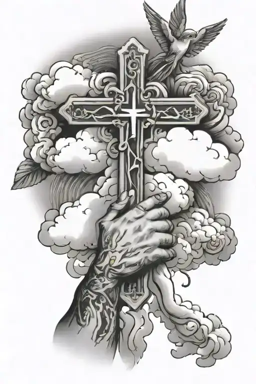 clouds with a cross and praying hands reaching tattoo design idea