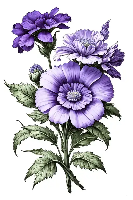 Violet and Primrose flowers with 1980 going up the right side of the stem tattoo design idea