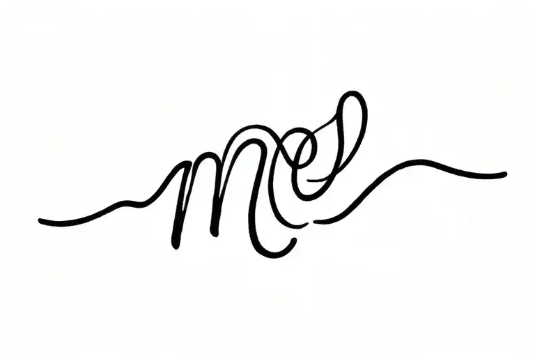 "mer" Minimalist black line tattoo design featuring a simple wave outline that seamlessly transitions into the cursive script  tattoo design idea