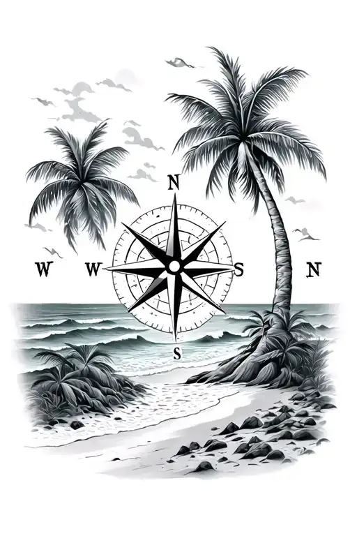 compass rose, beach scene with palm trees tattoo design idea