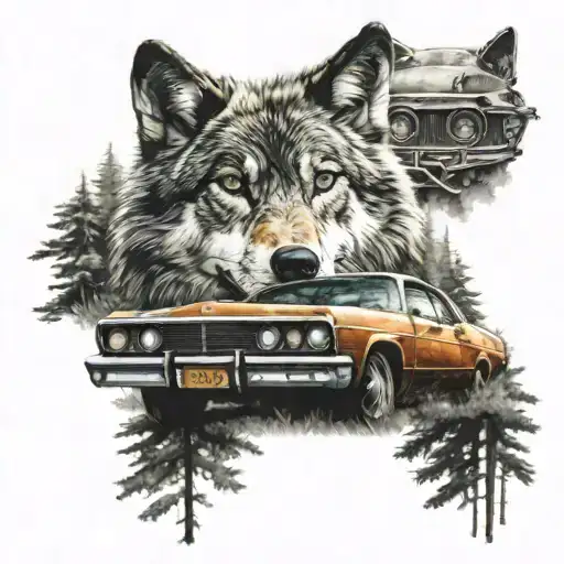 wolf with blue eyes, old car, forest background  tattoo design idea