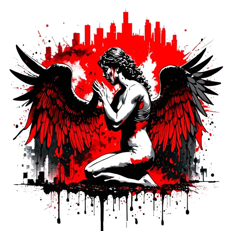 kneeing angel in grief with a skyline of a burning city behind and crying angels with the clouds  tattoo design idea