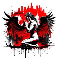 kneeing angel in grief with a skyline of a burning city behind and crying angels with the clouds  tattoo design idea