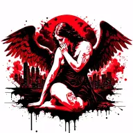 kneeing angel in grief with a skyline of a burning city behind and crying angels with the clouds  tattoo design idea