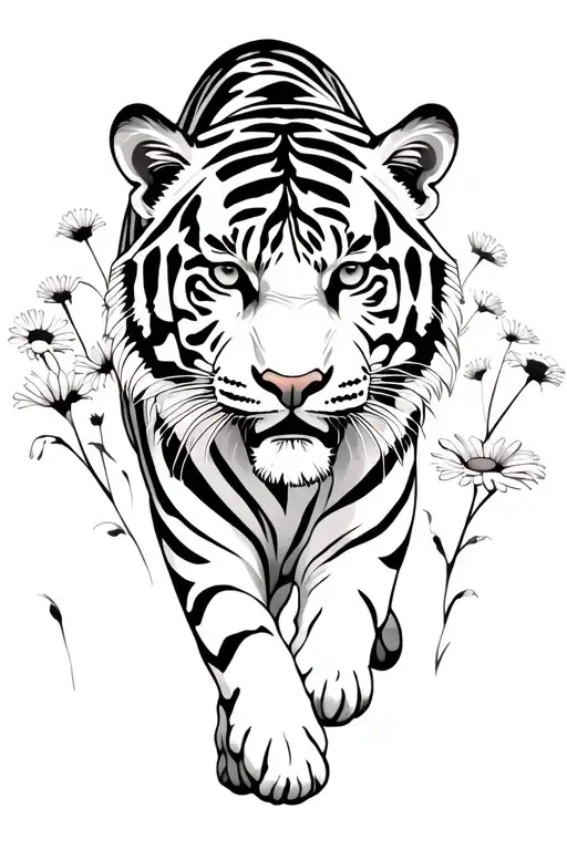 tiger walking in daisies tattoo design idea