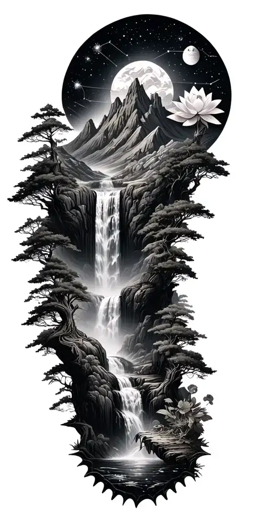 collage of space constellation, Buddhist mountain, trees, waterfall, lotus, wood mechanical gears tattoo design idea