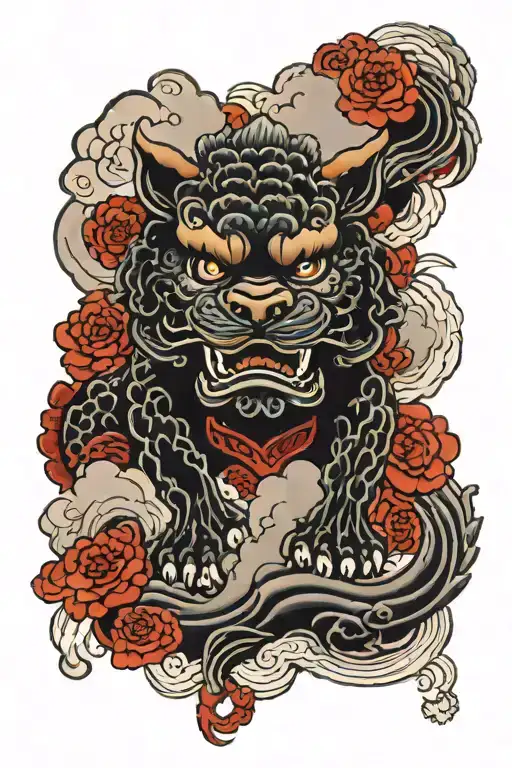 foo dogs, clouds surrounding, stormy sky, black and red tattoo design idea