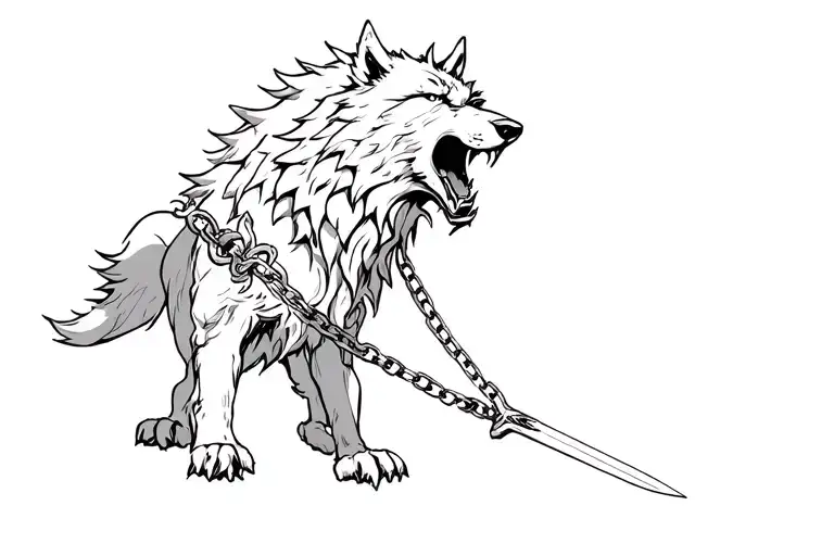 Fenrir, a terrifying wolf, constrained by a chain, his mouth pierced his sword through, the wolf reaches for the sun to swallow it tattoo design idea
