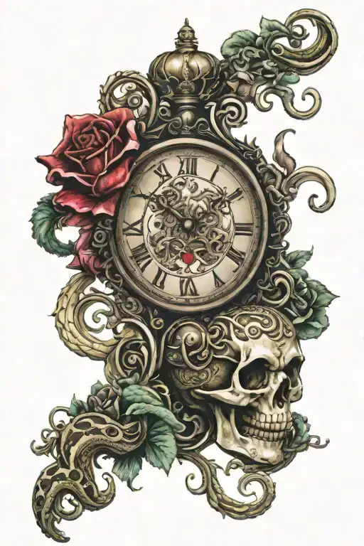 snakes, flowers, king of hearts, queen of hearts,Medusa,skeletons,analog clock tattoo design idea