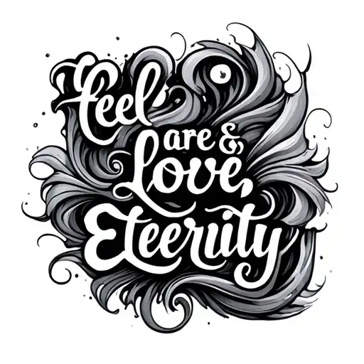 text that says "feel, care, love, eternity" surrounded by indescribable swirls that dance along the text tattoo design idea