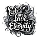 text that says "feel, care, love, eternity" surrounded by indescribable swirls that dance along the text tattoo design idea