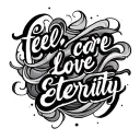 text that says "feel, care, love, eternity" surrounded by indescribable swirls that dance along the text tattoo design idea