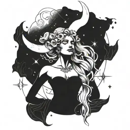 Celestial goddess holding a crescent moon, surrounded by motivational quotes in Greek script tattoo design idea