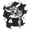 Celestial goddess holding a crescent moon, surrounded by motivational quotes in Greek script tattoo design idea