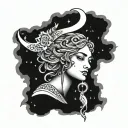 Celestial goddess holding a crescent moon, surrounded by motivational quotes in Greek script tattoo design idea