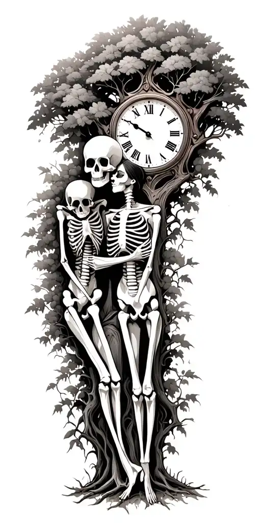 Skeleton Couple embraced under a tree growing with a broken clock tattoo design idea