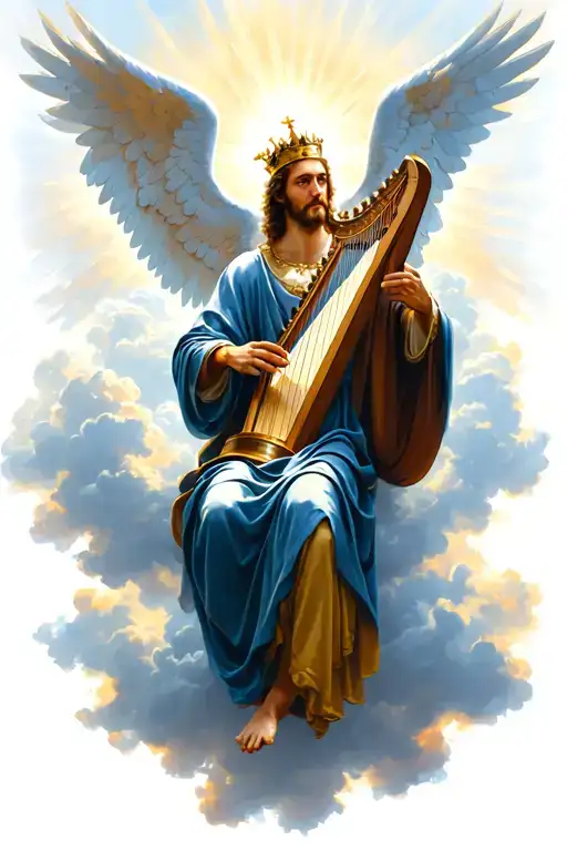  biblical King David playing a harp, with majestic angel wings, surrounded by dramatic clouds, rays of divine light, tattoo design idea