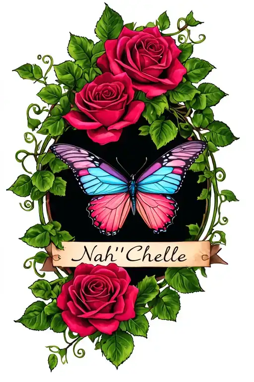 butterfly and roses with vines surrounding the name Nah'Chelle tattoo design idea