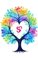 coulored family tree with a heart and a small S embedded in a branch tattoo design idea